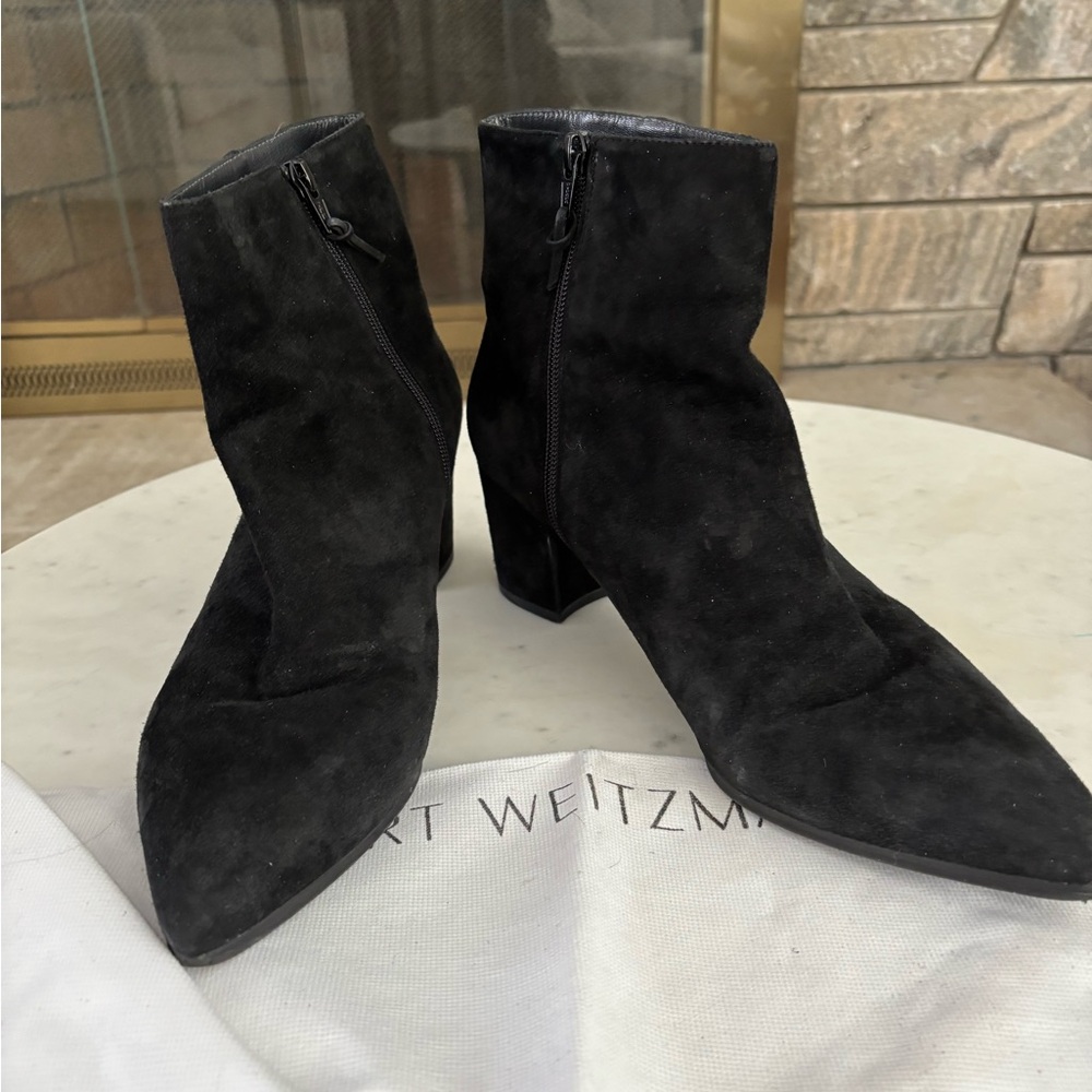 Stuart Weitzman Zepher Black Suede Block Heel Ankle Boot SZ 12